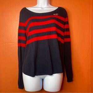 Hollister Navy & Red Striped Long Sleeve Lightweight Off The Shoulder Sweater